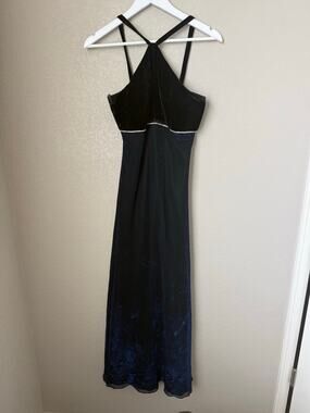 Vintage 579 Formal Maxi Dress Size 7 Y2K Velvet Halter Rhinstone Blue Black Hoco